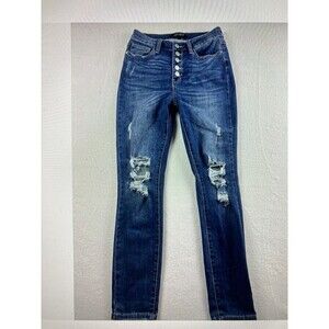 Judy Blue Junior Size 11/30 High WaistedButton Fly   Denim Blue Jeans Distressed